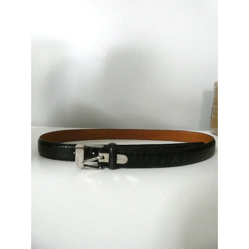 Ralph Lauren Womens S Black Alligator Leather Belt Silver Color Logo Buckle 32